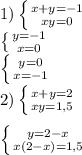 1) \left \{ {{x+y=-1} \atop {xy=0}} \right. \\ \left \{ {{y=-1} \atop {x=0}} \right. \\\left \{ {{y=0} \atop {x=-1}} \right \\ 2) \left \{ {{x+y=2} \atop {xy=1,5}} \right. \\ \\ \left \{ {{y=2-x} \atop {x(2-x)=1,5}} \right.