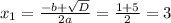 x_{1} = \frac{-b+ \sqrt{D} }{2a}= \frac{1+5}{2}=3