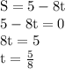 \textup{S}=5-8\textup{t} \\ 5-8\textup{t}=0 \\ 8\textup{t}=5 \\ \textup{t}= \frac{5}{8}