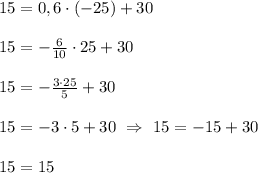 15 = 0,6 \cdot (-25) + 30\\ \\ 15 =-\frac{6}{10} \cdot 25 +30 \\ \\ 15 = -\frac{3 \cdot 25}{5} +30 \\ \\ 15 = -3 \cdot 5 +30 \ \Rightarrow \ 15 =-15+30 \\ \\ 15=15