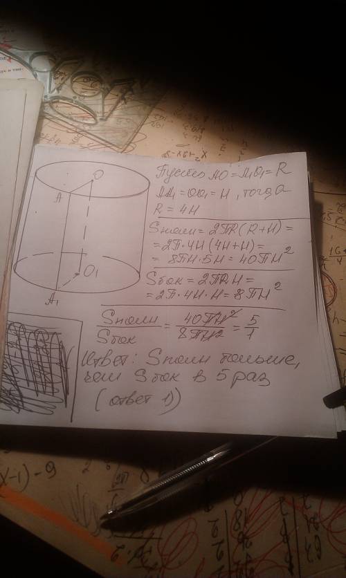 Радиус основания цилиндра в четыре раза больше его высоты. во сколько раз площадь полной поверхности