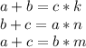 a+b=c*k\\&#10; b+c=a*n\\&#10; a+c=b*m\\\\&#10;