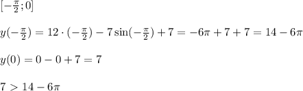 [-\frac{\pi}{2}; 0] \\ \\ y(-\frac{\pi}{2}) = 12 \cdot (-\frac{\pi}{2}) - 7 \sin (-\frac{\pi}{2})+7=-6\pi+7+7 =14 - 6 \pi \\ \\ y(0)=0 -0+7=7 \\ \\ 7\ \textgreater \ 14 -6 \pi