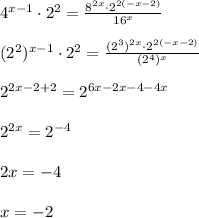 4^{x-1}\cdot 2^2=\frac{8^{2x}\cdot 2^{2(-x-2)} }{16^x} \\ \\ (2 ^{2} )^{x-1}\cdot 2^2=\frac{(2^3)^{2x}\cdot 2^{2(-x-2)} }{(2^4)^x} \\ \\ 2 ^{2x-2+2}=2^{6x-2x-4-4x} \\ \\ 2 ^{2x}=2^{-4} \\ \\ 2x=-4 \\ \\ x=-2