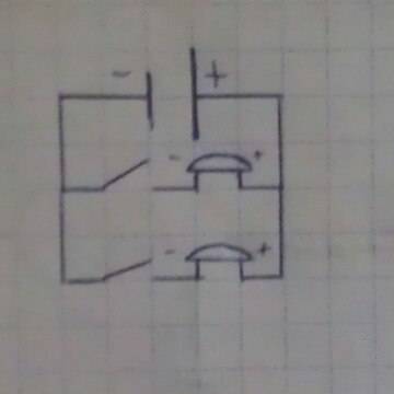 Начертите схему цепи,содержащей один гальванический элемент и два звонка ,кеаждый из которых можно в