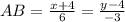 AB= \frac{x+4}{6}= \frac{y-4}{-3}