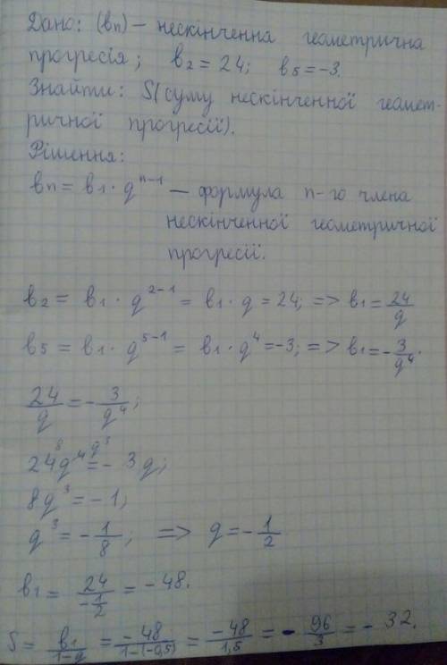 Чому дорівнює сума нескінченної ї прогресії (bn),якщо b2=24,b5=-3?