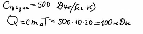 Какое количество теплоты отдает чугунная деталь массой 10кг при понижении температуры на 20 к