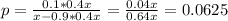 p = \frac{0.1*0.4x}{x-0.9*0.4x} = \frac{0.04x}{0.64x} = 0.0625