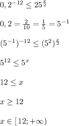 0,2^{-12} \leq 25^{\frac{x}{2}}\\\\0,2=\frac{2}{10}=\frac{1}{5}=5^{-1}\\\\(5^{-1})^{-12} \leq (5^2)^{\frac{x}{2}}\\\\5^{12} \leq 5^{x}\\\\12 \leq x\\\\x \geq 12\\\\x\in [\, 12;+\infty)