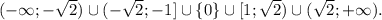 (-\infty; - \sqrt{2}) \cup (-\sqrt{2};-1] \cup \{0\} \cup [1; \sqrt{2}) \cup ( \sqrt{2};+\infty).