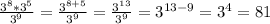 \frac{3 ^{8}*3 ^{5} }{3 ^{9} }= \frac{3 ^{8+5} }{3 ^{9} }= \frac{3 ^{13} }{3 ^{9} }=3 ^{13-9}=3 ^{4}=81