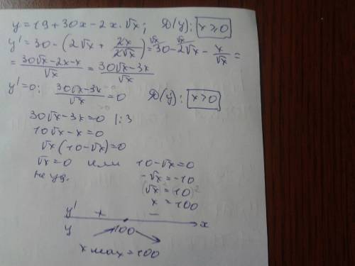 Найти точку максимума функции y=19+30x-2x*на корень из x а)150 б)75 в)50 г)100