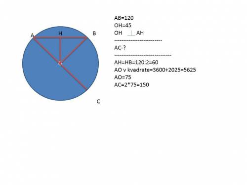 Длина хорды окружности равна 120,а расстояние от центра окружности до этой хорды равно 45 . найдите