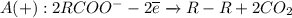 A(+): 2RCOO^- - 2\overline{e} \xrightarrow{} R-R + 2CO_2