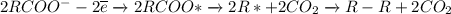 2RCOO^- - 2\overline{e} \xrightarrow{} 2RCOO* \xrightarrow{} 2R* + 2CO_2 \xrightarrow{} R-R + 2CO_2