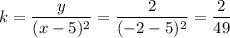 \displaystyle k= \frac{y}{(x-5)^2}=\frac{2}{(-2-5)^2}= \frac{2}{49}