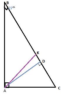 Впрямоугольном треугольнике один из острых углов равен 27 градусов. найти угол между бисектриссой и