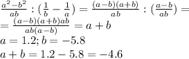 \frac{a^2-b^2}{ab}:( \frac{1}{b}- \frac{1}{a})=&#10; \frac{(a-b)(a+b)}{ab}:( \frac{a-b}{ab})= \\ &#10;= \frac{(a-b)(a+b)ab}{ab(a-b)}=a+b \\ &#10;a=1.2;b=-5.8 \\ &#10;a+b=1.2-5.8=-4.6 \\