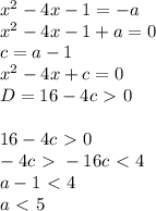 x^2-4x-1=-a \newline&#10;x^2-4x-1+a=0 \newline&#10;c=a-1 \newline&#10;x^2-4x+c=0 \newline&#10;D=16-4c\ \textgreater \ 0 \newline \newline&#10;16-4c\ \textgreater \ 0 \newline&#10;-4c\ \textgreater \ -16&#10;c\ \textless \ 4 \newline&#10;a-1\ \textless \ 4 \newline&#10;a\ \textless \ 5