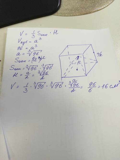 Объем куба равен 96. найдите объем четырехугольной пирамиды, основанием которой является грань куба,