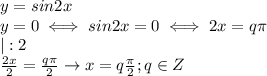 y=sin2x \\ &#10;y=0 \iff sin2x=0\iff 2x=q\pi \\ &#10;|:2 \\ &#10; \frac{2x}{2}= \frac{q\pi}{2} &#10;\rightarrow x=q \frac{\pi}{2};q\in Z \\