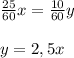 \frac{25}{60}x= \frac{10}{60}y \\ \\ y=2,5x