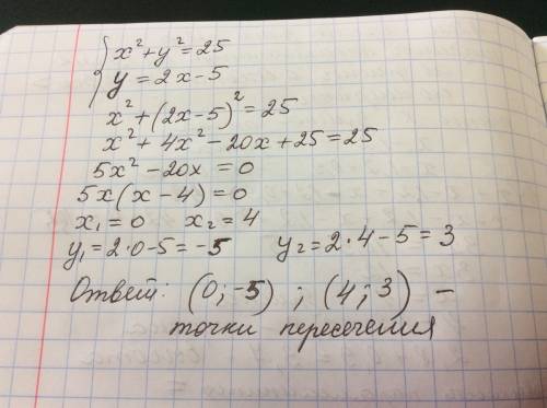 Найдите координаты точек пересечения графиков уравнений x^2+y^2=25 и y=2x-5