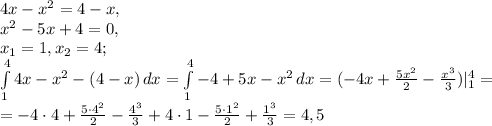 4x-x^2=4-x, \\ x^2-5x+4=0, \\ x_1=1, x_2=4; \\ \int\limits^4_1 {4x-x^2-(4-x)} \, dx = \int\limits^4_1 {-4+5x-x^2} \, dx = (-4x+\frac{5x^2}{2}-\frac{x^3}{3})|\limits^4_1 =\\= -4\cdot4+\frac{5\cdot4^2}{2}-\frac{4^3}{3}+4\cdot1-\frac{5\cdot1^2}{2}+\frac{1^3}{3}=4,5