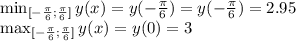 \min_{[- \frac{\pi}{6}; \frac{\pi}{6}]}y(x)=y(- \frac{\pi}{6})=y(- \frac{\pi}{6})=2.95\\ \max_{[- \frac{\pi}{6}; \frac{\pi}{6}]}y(x)=y(0)=3