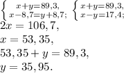 \left \{ {{x+y=89,3,} \atop {x-8,7=y+8,7;}} \right. \left \{ {{x+y=89,3,} \atop {x-y=17,4;}} \right. \\ 2x=106,7, \\ x = 53,35, \\ 53,35+y = 89,3, \\ y=35,95.