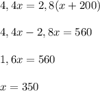 4,4x=2,8(x+200)\\\\4,4x-2,8x=560\\\\1,6x=560\\\\x=350&#10;&#10;&#10;&#10;