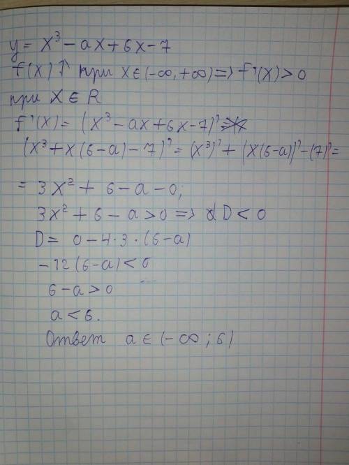 При каких значениях параметра а, функция y = x3 - ax + 6x - 7 возрастает на всей числовой оси?