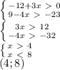 \left \{ {{-12+3x\ \textgreater \ 0} \atop {9-4x\ \textgreater \ -23}} \right. \\ &#10; \left \{ {{3x\ \textgreater \ 12} \atop {-4x\ \textgreater \ -32}} \right. \\ &#10; \left \{ {{x\ \textgreater \ 4} \atop {x\ \textless \ 8}} \right. \\ &#10;(4;8)