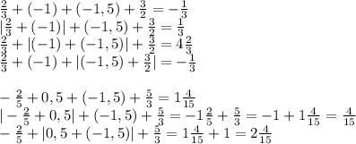 \frac{2}{3} + (-1) + (-1,5) + \frac{3}{2} =-\frac{1}{3}\\|\frac{2}{3}+(-1)|+(-1,5)+\frac{3}{2} =\frac{1}{3}\\\frac{2}{3} + |(-1) + (-1,5)| + \frac{3}{2} =4\frac{2}{3}\\\frac{2}{3} + (-1) + |(-1,5) + \frac{3}{2}| =-\frac{1}{3}\\\\- \frac{2}{5}+ 0,5 + (- 1,5) + \frac{5}{3} =1\frac{4}{15}\\|- \frac{2}{5} + 0,5| + (- 1,5) +\frac{5}{3} =-1\frac{2}{5}+\frac{5}{3}=-1+1\frac{4}{15}=\frac{4}{15}\\-\frac{2}{5} + |0,5 + (- 1,5)| + \frac{5}{3} =1\frac{4}{15}+1=2\frac{4}{15}