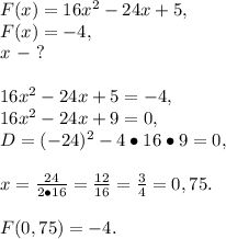 F(x)=16x^2-24x+5,\\F(x)=-4,\\ x\ -\ ?\\\\16x^2-24x+5=-4,\\16x^2-24x+9=0,\\D=(-24)^2-4\bullet16\bullet9=0,\\\\x=\frac{24}{2\bullet16}=\frac{12}{16}=\frac{3}{4}=0,75.\\\\F(0,75)=-4.