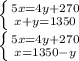 \left \{ {{5x=4y+270} \atop {x+y=1350}} \right. \\ &#10; \left \{ {{5x=4y+270} \atop {x=1350-y}} \right. \\ &#10;