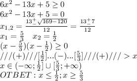 6x^2-13x+5\geq0\\6x^2-13x+5=0\\x_{1,2}=\frac{13^+_-\sqrt{169-120}}{12}=\frac{13^+_-7}{12}\\x_1=\frac{5}{3}\ \ \ x_2=\frac{1}{2}\\(x-\frac{5}{3})(x-\frac{1}{2})\geq0\\ ///(+)///[\frac{1}{2}]...(-)...[\frac{5}{3}]///(+)///\ \textgreater \ x\\x\in(-\infty;\frac{1}{2}]\cup[\frac{5}{3};+\infty)\\OTBET:x\leq\frac{1}{2};x\geq\frac{5}{3}