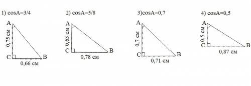 Нарисуйте прямоугольный треугольник, чтобы косинус острого угла был равен 1) 3/4; 2) 5/8; 3) 0,7; 4)