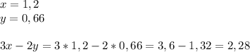 x=1,2\\y=0,66\\\\3x-2y=3*1,2-2*0,66=3,6-1,32=2,28