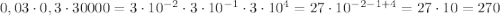 0,03 \cdot 0,3\cdot 30000 = 3\cdot10^{-2}\cdot 3\cdot10^{-1}\cdot3\cdot10^{4} = 27\cdot10^{-2-1+4} = 27 \cdot 10 = 270