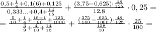 \frac{0,5+\frac{1}{4}+0,1(6)+0,125}{0,333...+0,4+\frac{14}{15}} + \frac{(3,75-0,625)\cdot\frac{48}{125} }{12,8}\cdot0,25 = \\ = \frac{\frac{5}{10}+\frac{1}{4}+\frac{16-1}{90}+\frac{125}{1000}}{\frac{3}{9}+\frac{4}{10}+\frac{14}{15}} + \frac{(\frac{375}{100}-\frac{625}{1000})\cdot\frac{48}{125}}{\frac{128}{10}}\cdot\frac{25}{100}=