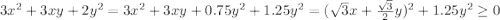 3x^2+3xy+2y^2=3x^2+3xy+0.75y^2+1.25y^2=(\sqrt{3}x+\frac{\sqrt{3}}{2}y)^2+1.25y^2\geq 0