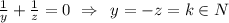 \frac{1}{y} + \frac{1}{z} =0\,\, \Rightarrow\,\,\,y=-z=k\in N