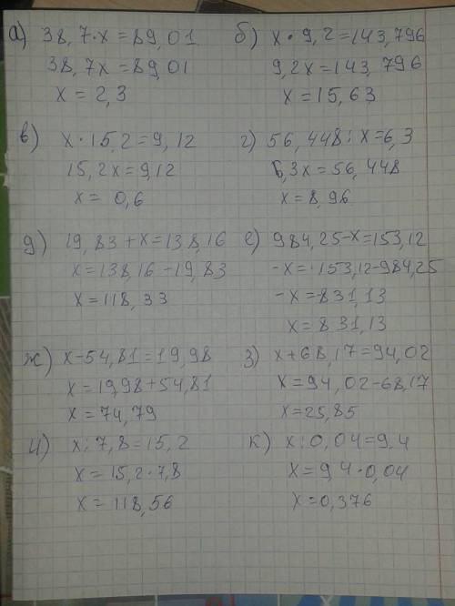 Решите уравнение. а)38,7*х=89,01 б)х*9,2=143,796 в)х*15,2=9,12 г)56,448: х=6,3 д)19,83+х=138,16 е)98