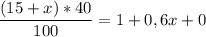 \displaystyle \frac{(15+x)*40}{100}= 1+0,6x+0