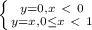 \left \{ {{y=0, x\ \textless \ 0} \atop {y=x, 0 \leq x\ \textless \ 1}} \right.