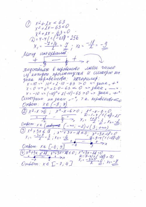 Решите неравенство. х^2 + 2х < 63 х^2 - х > 6 х^2 + 3х ≤ [≤ знак меньше равно] 18 х^2 + 3х ≤ 2