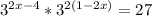 3^{2x-4}* 3^{2(1-2x)}=27