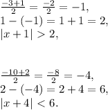 \frac{-3+1}{2}=\frac{-2}{2}=-1, \\ 1-(-1)=1+1=2, \\ |x+1|\ \textgreater \ 2, \\\\ \\ \frac{-10+2}{2}=\frac{-8}{2}=-4, \\ 2-(-4)=2+4=6, \\|x+4|\ \textless \ 6.